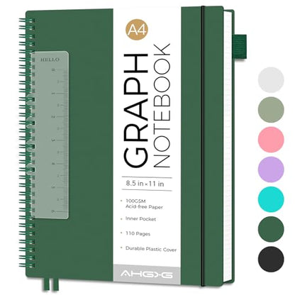 AHGXG Spiral Graph Paper Notebook, 110 Pages, A4 (8.5" x 11") - color: Green, style: A4-Graph
