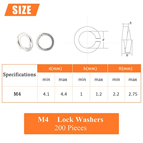 HELIFOUNER 200 Pieces M4 Stainless Steel Split Lock Washers, 304 Stainless Steel Spring Lock Washers for Screws Bolts, Silver - color: Silver, size: M4 (200 PCS)