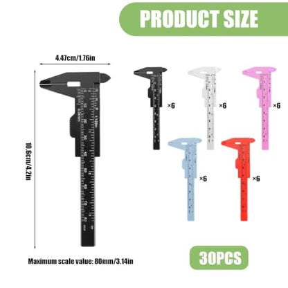 30 Pcs Plastic Vernier Caliper, 80mm/3.15" Eyebrow Measuring Tool, Mini Sliding Ruler Caliper Gauge for Students DIY Crafts School Office Tattoo Eyebrow Artists Use (5 Color, 0-3.15"/0-80mm) - color: 5 colors(30pcs)