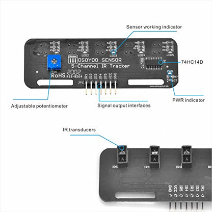 OSOYOO Infrared Line Tracking Sensor Module + 7 Pin 25cm Female to Female Jumper Wire, 5-Channel Infrared IR Line Reflection Tracker Sensor 3.3V-5V, Smart Car Black White Line Detection Tracing