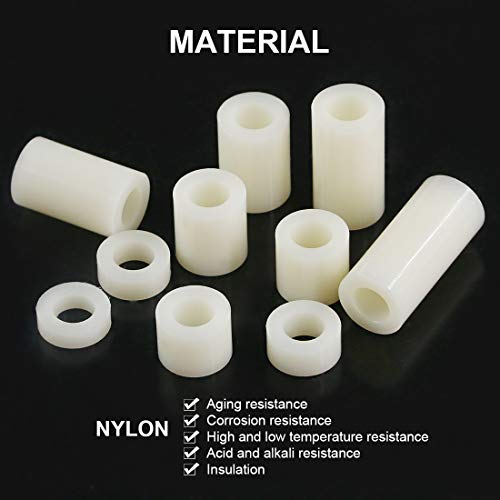 Glaks 150Pcs 10 Sizes Nylon Round Spacer Assortment Kit, OD 11mm ID 6.2mm for M6 Screws, Round Straight Tube, Nylon Standoff (3mm, 4mm, 5mm, 8mm, 10mm, 12mm, 15mm, 18mm, 20mm, 25mm)