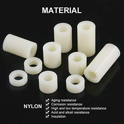 Glaks 150Pcs 10 Sizes Nylon Round Spacer Assortment Kit, OD 11mm ID 6.2mm for M6 Screws, Round Straight Tube, Nylon Standoff (3mm, 4mm, 5mm, 8mm, 10mm, 12mm, 15mm, 18mm, 20mm, 25mm)