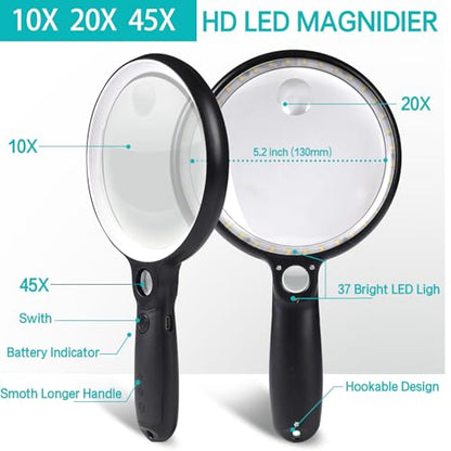Large Magnifying Glass with 37 LED Light and Case, 10X 20X 45X Handheld - color: White & Black, size: Magnifier with Light (With Case)