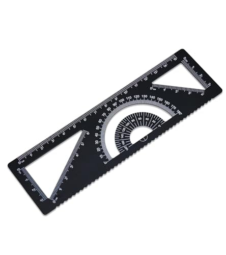 4-in-1 Geometry Set, Metal Math Ruler Kit- Aluminium Protractor, 2 Precision Triangles, Straight Edge Rule - Multifunctional Drafting& Measuring Small Ruler for Kids School - 6 inch, Black - color: Black