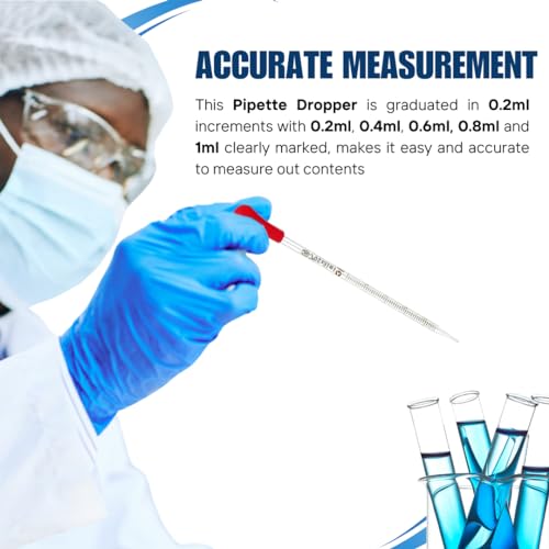 Multipurpose Glass Pipettes Droppers, 1ml Graduated, Red Rubber Head, Straight-Tip Calibrated Thick Glass to Transfer Fluid, Liquids, Essential Oils, Accurate Easy Dose & Measurement - 8" Long