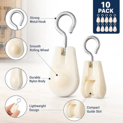 10Pcs White Nylon Mini Pulley Set, Plastic Wire Rope Pulley Wheels, Lightweight Clothesline Pulley Kit
