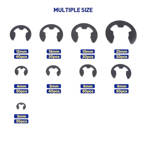 Boatsea 300Pcs E-Clip Circlip Assortment Set, External Retaining Clips Assortment Set, Alloy Steel Circlip Kit, Anti Walk Washers, Includes 17 Sizes of 1/16" - 7/8" - size: E-Clip 300PCS