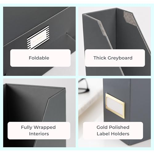 BLU MONACO | Set of 6 Foldable Grey Magazine File Holders with Gold Label Holders | Vertical File Organizer Boxes for Desk, Bookshelf & Home Office Storage - color: Grey
