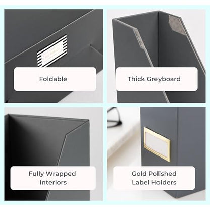 BLU MONACO | Set of 6 Foldable Grey Magazine File Holders with Gold Label Holders | Vertical File Organizer Boxes for Desk, Bookshelf & Home Office Storage - color: Grey
