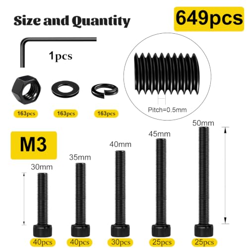 649PCS M3 Socket Head Long Screws Assortment Kit,M3x30/35/40/45/50 mm - size: M3 649pcs