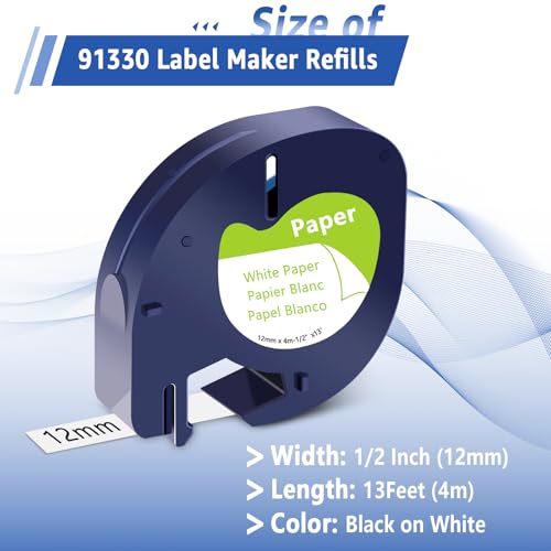 5PK 12mm(1/2") White Paper Label 91330 Compatible for Dymo LetraTag Refills - color: Black on White Paper