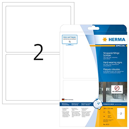 HERMA Self Adhesive Film Labels, 2 Labels per A4 Sheet, 25 Sheets, 190 x 135 mm, 50 Labels, Blank Weatherproof Labels Stickers, Sticky Labels for Laser & Inkjet Printer, White - size: 190 x 135 mm, style: 25 Sheets