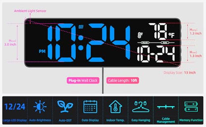 Large LED Digital Wall Clock with Date, Temperature, Auto-Brightness, Auto-DST | Big Digital Clock for Bedroom, Desk, Classroom, Living Room, Kitchen, Office, Gym, Farmhouse, Xmas Gift for Seniors - color: Blue-a