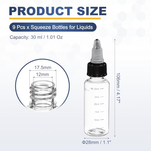 PATIKIL 30ml 1oz,9 Pcs Plastic Squeeze Dispensing Bottles,Transparent,Black - color: Transparent/Black, size: 30ml