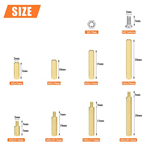 HELIFOUNER 240 Pieces M2 Male Female Hex Brass Spacer Standoff Screw Nut Assortment Kit - size: M2 Brass Standoff Kit