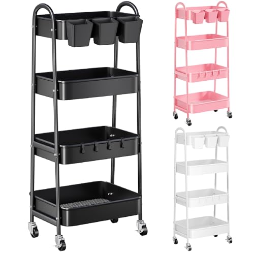 Black 4 Tier Rolling Cart Metal with Lockable Wheels,Four Tiered Dorm Carts - color: Matte Black, size: 4 tier