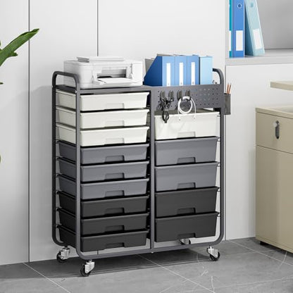 14 Drawer Rolling Storage Cart with Tabletop and Pegboard for Crafts Grey - color: Grey