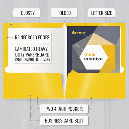 Better Office Products 2 Pocket Glossy Laminated Yellow Paper Folders, Letter Size, 25-Pack, Yellow Paper Portfolios, Box of 25 - color: Yellow