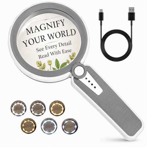 45X Magnifying Glass with Light, 4.6" Rechargeable Handheld Magnifier - color: Gray
