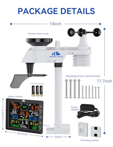 Wireless Weather Station with Outdoor Wireless Sensor, Atomic Clock, Rain Gauge, Wind Speed/Direction, Moon Phase, Wind Chill Index, Outdoor Dew Point, Barometer (No WiFi)