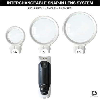 Lighted Magnifying Glass with 3 Interchangeable Lenses (2.5X, 6X, 16X) – Dual LED Handheld Magnifier for Reading Small Print, Books, Coins & Inspection – Ideal for Seniors & Low Vision - style: Interchangeable