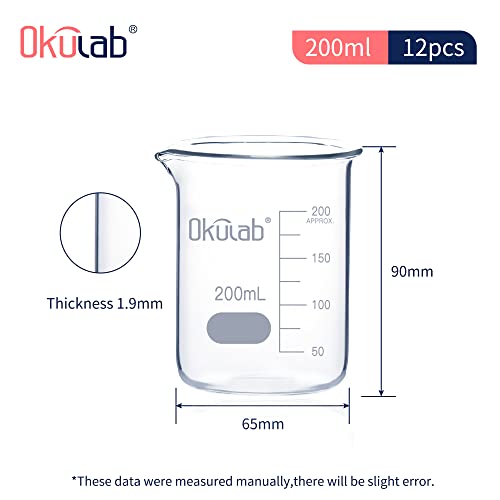 Glass Beaker, Graduated 3.3 Borosilicate Glass Beaker Set, 12pcs of 200ml Low Form Beakersfor Lab, Classroom, Craft, Kitchen,BKLG200A12 - style: Vol.200ml, Case of 12