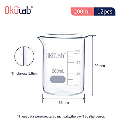 Glass Beaker, Graduated 3.3 Borosilicate Glass Beaker Set, 12pcs of 200ml Low Form Beakersfor Lab, Classroom, Craft, Kitchen,BKLG200A12 - style: Vol.200ml, Case of 12