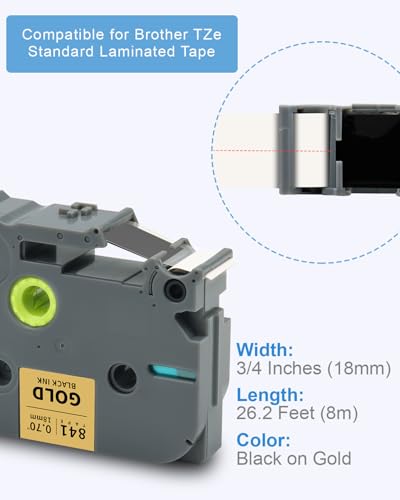 3-Pack 18mm 0.7" Black on Gold Label Tape Compatible for Brother Tze-841 - color: Black on Gold