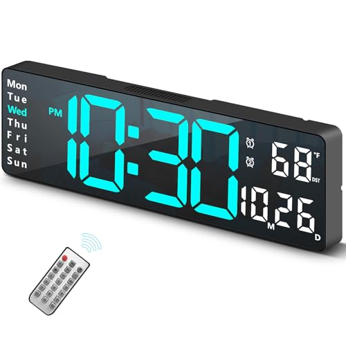 Digital Clock, Digital Wall Clock for Living Room Decor, Desk Alarm Clock for Bedroom, Large Wall Clock with Remote Control, Automatic Brightness Dimmer LED Clock with Date Temperature Week (Blue-B) - color: Black Case+blue Digit