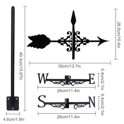 Metal Weather Vane Black Wind Vanes Indicator Wind Measuring Tool Weathervane Roof Mount for Gardens Outside Farmhouse Farm Barn Sheds Patio Decorations