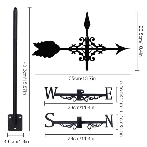 Metal Weather Vane Black Wind Vanes Indicator Wind Measuring Tool Weathervane Roof Mount for Gardens Outside Farmhouse Farm Barn Sheds Patio Decorations