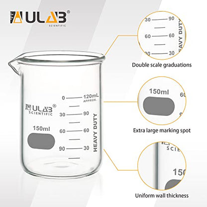 ULAB Heavy Duty Glass Beakers, 10pcs of Vol.150ml(5.07oz), Borosilicate 3.3 Glass, Thick Wall Beakers, with Double Scale, Superior Durability & Chemical Resistance, UBG1053 - style: 10pcs of Vol.150ml
