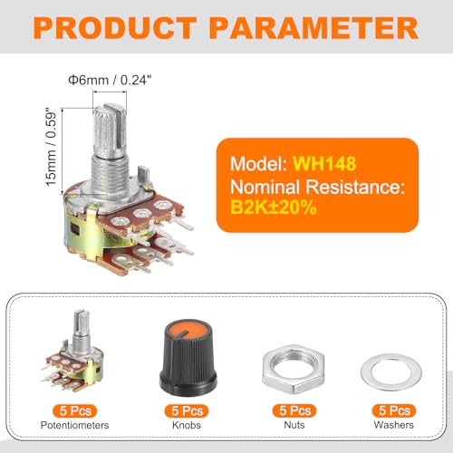 MECCANIXITY 5Set WH148 B2K Ohm Potentiometer Kit, 6-Pin 15mm Shaft Orange - color: Black/Orange, style: B2K
