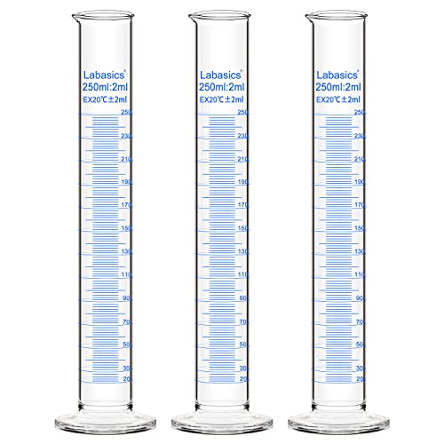Labasics 3-Pack Borosilicate Glass 250 ml Heavy Wall Graduated Cylinder Measuring Cylinder - size: 250 ml