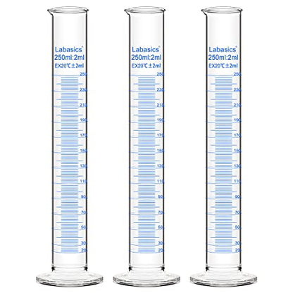 Labasics 3-Pack Borosilicate Glass 250 ml Heavy Wall Graduated Cylinder Measuring Cylinder - size: 250 ml