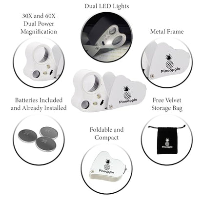 Pineapple 30X 60X Jewelers Loupe Magnifier with Light, Lighted Magnifying Glass Jewelry Loop, Pocket Magnifier for Coins, Jewelry, Plants, Currency, Diamonds, Stamps (White)