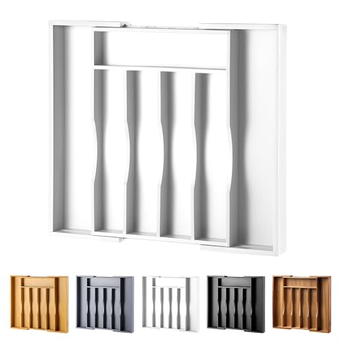 Expandable Bamboo Kitchen Drawer Organizer for Cutlery and Utensils, Adjustable Bamboo Wood Cutlery Tray in Drawer for Flatware and Silverware in Kitchen, (White) - color: White, size: 7 Slots Expandable