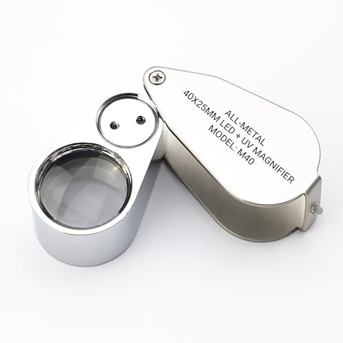 Pineapple 40X Jewelers Loupe with Light, UV Lighted Magnifying Glass Eye Loop, LED Illuminated Metal Pocket Magnifier for Jewelry, Currency, Plants, Coins, Diamonds, Stamps