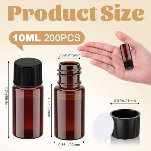 LemonRoad 200 Pcs 10 ml Plastic Vials with Screw Caps and Plastic Stoppers - color: Amber