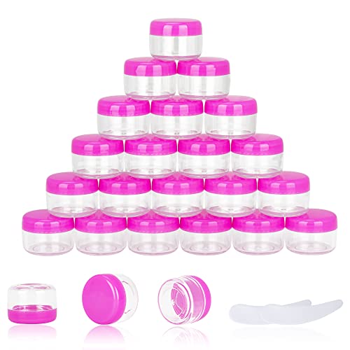 25PCS 5 Gram Sample Containers, 5ml Empty Jars with Lids, Small Cosmetic Containers, Mini Sample Jars with 2PCS Mini Spatulas for Make Up, Oils, Lotion, Powder, Paint, Jewelry, Lip Balms(Pink Lid) - color: Pink, size: 25 Count