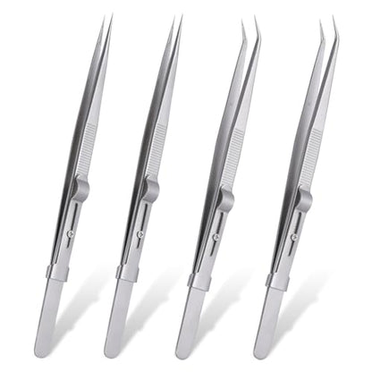 4 Pieces Diamond Tweezers Professional Jewelry Gem Tweezers Precision Tweezers Stainless Steel Pointed Tip Tweezers with Slide Locking and Gem Slot for jewelry making