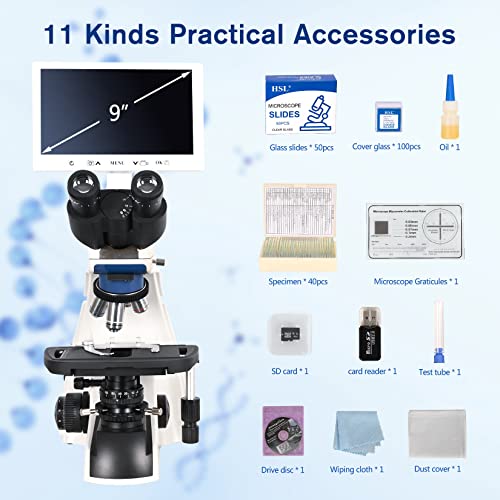 HSL Trinocular Compound Microscope for Adults Professional,9 inch LCD Digital Microscope kit,Electron microscopes Light,Biological Microscope LAB with Screen 400x 1000x Micro Scope