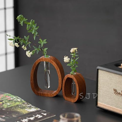 Walnut Wood Glass Flower Vase with Test Tubes | Modern Hydroponic Planter for Fresh Cut Flowers | Handcrafted Tabletop Decor for Home, Office, Farmhouse Style (Small) - size: Small