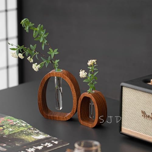 Walnut Wood Glass Flower Vase with Test Tubes | Modern Hydroponic Planter for Fresh Cut Flowers | Handcrafted Tabletop Decor for Home, Office, Farmhouse Style (Small) - size: Small