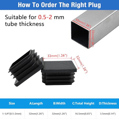 32 Pack 1-1/4"x 1-1/4" Black Square Tube End Cap Plastic Plugs - color: Black, size: 1-1/4" - 32 pcs
