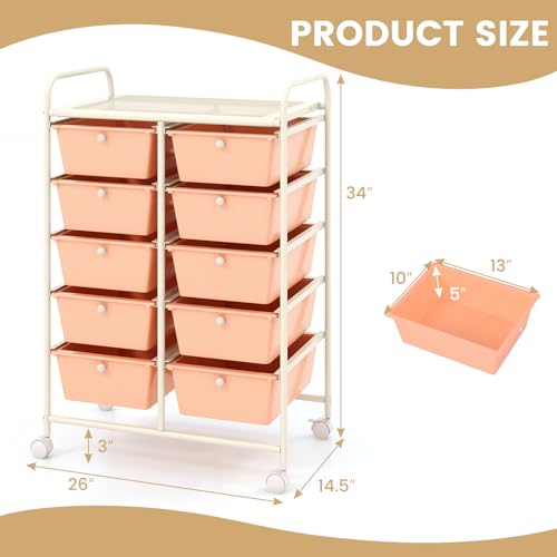COSTWAY 10 Drawer Rolling Storage Cart, Utility Cart with Lockable Wheels - color: Peach, size: 10 Drawer