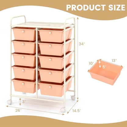 COSTWAY 10 Drawer Rolling Storage Cart, Utility Cart with Lockable Wheels - color: Peach, size: 10 Drawer
