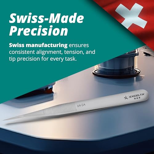 Excelta 64-SA Precision Tweezers, Straight Fine Tip, 4.75" Anti-Magnetic 316L Neverust Stainless Steel, Serrated Handle, ESD-Safe, Swiss-Made Tool for Electronics, Lab Use, Cleanroom & Forensics - size: 4.75" Tweezer, Straight Very Fine Points, style: Ant