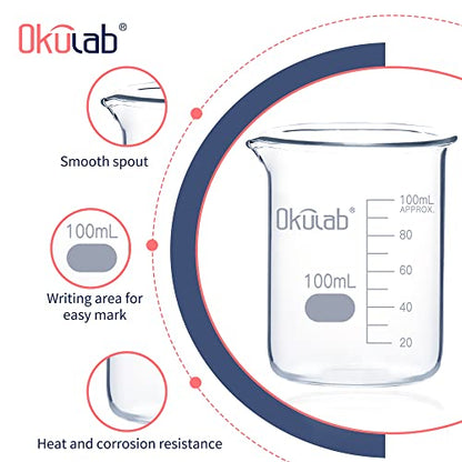 100mL Glass Beaker, Low Form, Graduated 3.3 Borosilicate Glass Beaker Set (case of 12) for Lab, Classroom, Craft, Kitchen, .BKLG100B12 - style: Vol.100ml, Case of 12