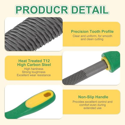 HARFINGTON 12" Round Coarse Cut File Double Cut Teeth Coarse Metal File High Carbon Steel T12 with Plastic Handle for Metal Wood Finishing Roughing, Grey/Yellow-Green - size: 12", style: Coarse Cut